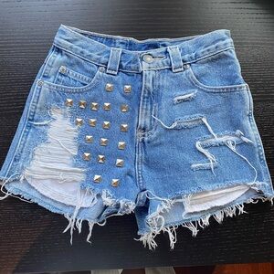 LF ripped denim short shorts with bedazzle on front